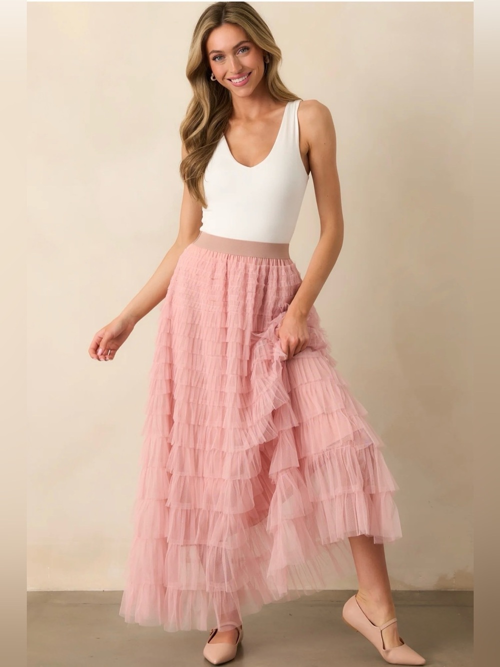 Tana Tulle Pleated Tiered Maxi Skirt - Blush Pink Size Medium - Picture 2 of 12